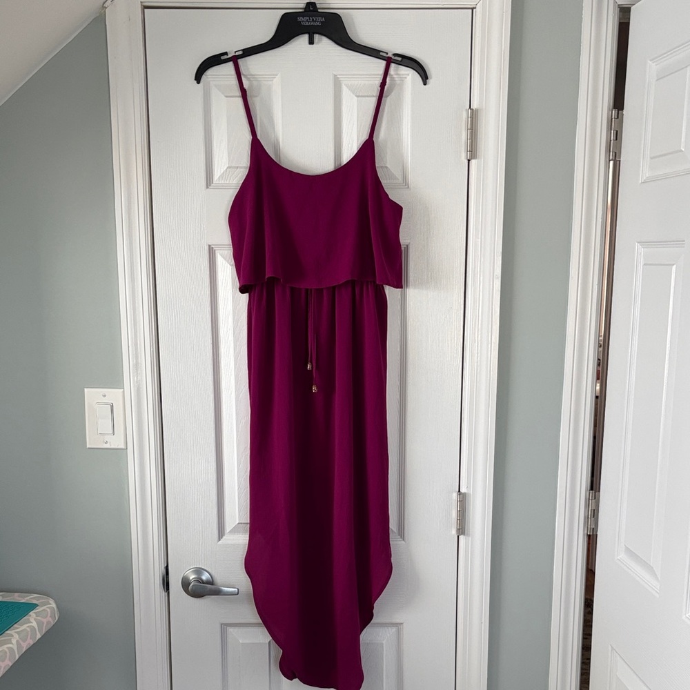 NERLEROLIAN SPAGHETTI STRAP CREPE KNIT DRESS in Dark Fuchsia Size Medium